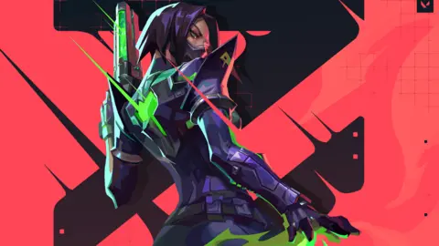 Riot Comic book-style image of a female character against a bright pink background wearing a skin-tight armour suit. It's purple, like her short, bob hairstyle and matching face mask. She's looking back over her shoulder and holding a futuristic blaster weapon with a green glow in one hand.