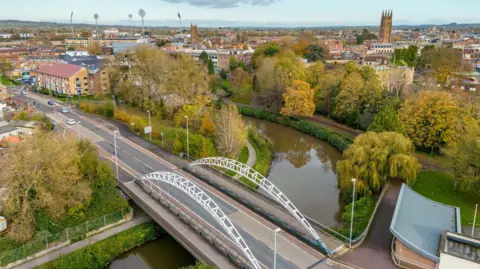 Getty Images An aerial view of Taunton showing the River Tone and, in the distance, the cricket stadium