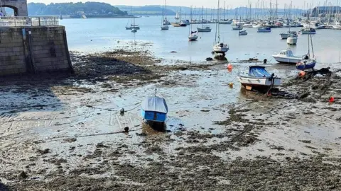The SHIPS Project A picture of Stonehouse beach at the Royal William Yard, Plymouth. The tide is out and small boats positioned on the low tide. It is muddy and there is seaweed scattered across the surface. There is a stone wall on the left-hand side of the image which is part of Royal William Yard.