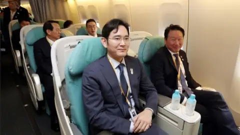 AFP Samsung heir Jay Y Lee and other South Korean businessmen on the plane to Pyongyang
