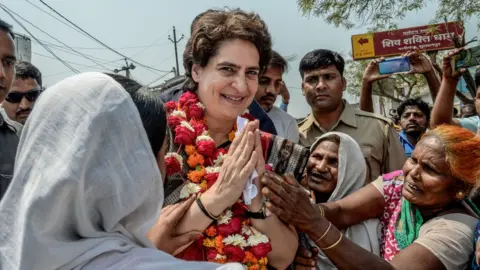 Getty Images Congress Party's Priyanka Gandhi campaigns on the road for for India National Congress on March 29, 2019 in Utter Pradesh, India.