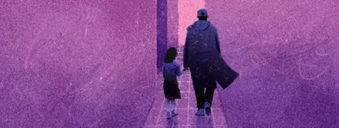 Illustration of man with girl, walking away down alley