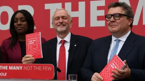 Getty Images Kate Osamor, Jeremy Corbyn and Tom Watson at 2017 manifesto launch