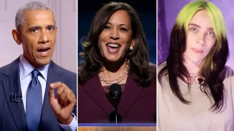 DNCC From left to right: Barack Obama, Kamala Harris, Billie Eilish