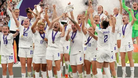 PA Media England players celebrate winning Euro 2022