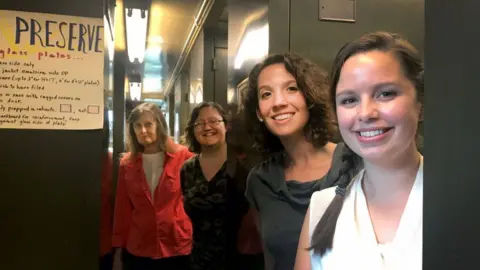 Alex Newman/PRI From left to right, these are the women working to digitize the women computers notebooks: librarian Maria McEachern; assistant head librarian Katie Frey; head librarian Daina Bouquin and curator Lindsay Smith Zrull.