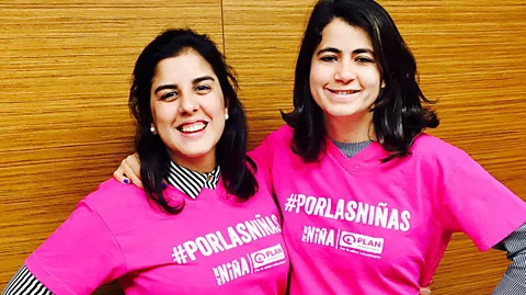 Aequales Andrea de la Piedra (left) and Mia Perdomo (right) at a Plan International event highlighting the importance of protecting the rights of young Latina girls (Credit: Aequales)