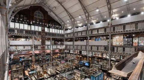 Pitt Rivers Museum A view of the Pitt Rivers Museum. On the floor are lots of glass casses containing artefacts. A large totem pole soars above the ground. There are various floors, and a white chapel-like roof. 