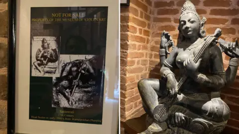 Sanjaya Dhakal / BBC Nepali A Saraswati idol replica and a photo showing the original sculpture was mutilated and its head stolen
