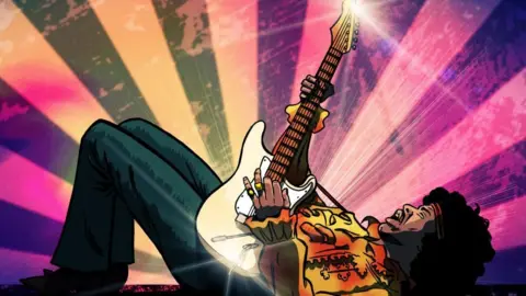 BBC Cartoon image of Jimi Hendrix lying down holding a guitar against a multi-coloured backdrop.