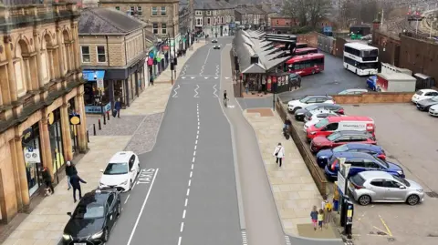 North Yorkshire Council The view of how South Parade will look, facing north, with a taxi rank on the left, and the train tracks on the right.