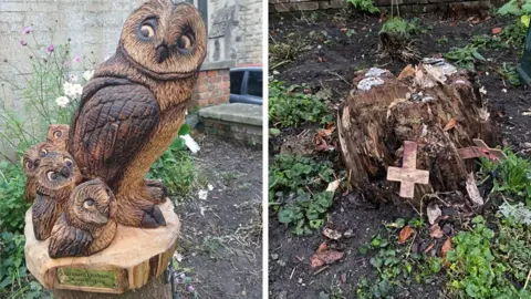Graham Derham A split photo showing on the left a wooden sculpture of an owl sitting with owlets behind it. The sculpture is on a tree stump. On the right, the tree stump is empty with damaged Remembrance crosses on it.