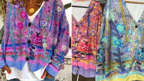 Milena-London and Elfie Waren A colourful fluffy knitted cardigan in shades of pinks, purples and blues, shown next to two polyester sweatshirt material cardigans, also in shades of pinks, purples and blues, but with a flat pattern on them meant to look like knitting.