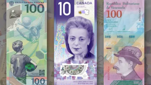 Courtesy International Bank Note Society The $10 Viola Desmond note (centre) beat competition from Russia (left) and Venezuela (right)