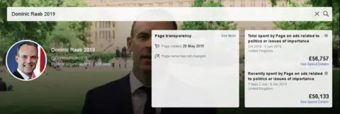 Facebook Ad showing Dominic Raab 2019 Facebook page and £56,000 in spending
