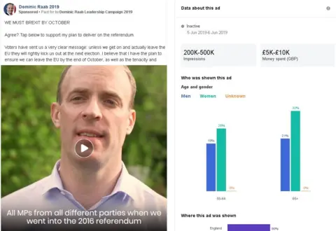 Facebook Picture showing Raab advert and statistics which show it has mainly been seen by older people