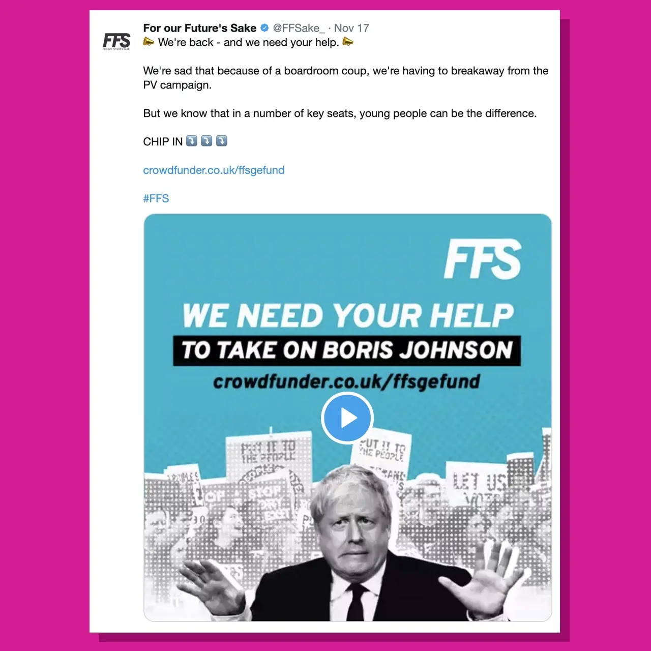 Twitter For Our Future's Sake ad. The image shows Boris Johnson and says: "We need your help to take on Boris Johnson".