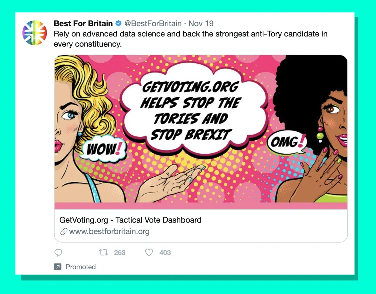 Twitter Best For Britain ad showing two pop-art cartoon women. The text says "stop the Tories and stop Brexit".