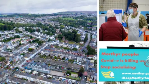 Getty Images Aerial view of Merthyr Tydfil, mass testing centre, warning sign