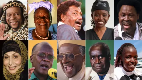 Various Top left to right: Goodwill Zwelithini, Sarah Obama, Alemayehu Eshete, Matolase Mtonga and TB Joshua. Bottom left to right: Soheir El-Bably, John Magufuli, Desmond Tutu, Kenneth Kaunda, Agnes Tirop
