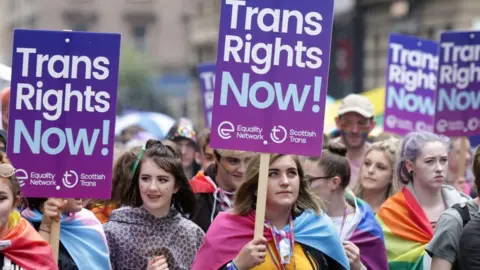 PA Media Protesters holding trans rights placards in Glasgow