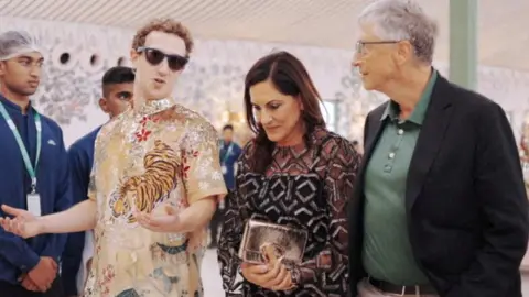 Reliance Industries via REUTERS (From left) Mark Zuckerberg, Paula Hurd and Bill Gates