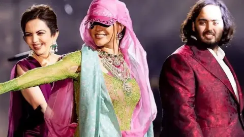 ANI Rihanna seen on stage with Nita and Anant Ambani