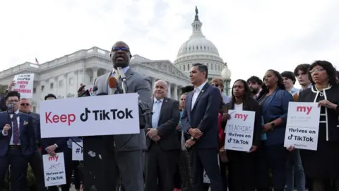 Getty Images Supporters of TikTok hold a news conference in March 2023