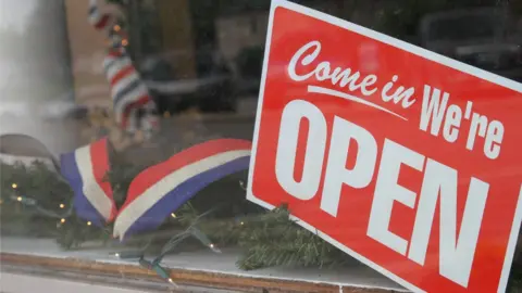 BBC "We are open" sign in Jamestown's main square