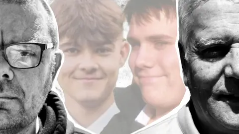 BBC Stylised image showing Martin Cosser and Colin Knox at each end, in the middle are faded images of Charlie Cosser and Robert Knox