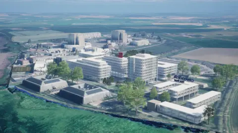 South Gloucestershire & Stroud College Plans for the site in Berkeley. The picture includes trees, high rise office buildings and a number of warehouses.