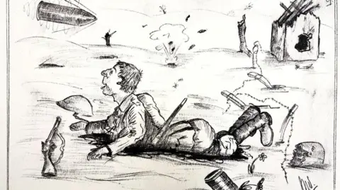 David Burrows A black and white sketch showing a soldier lying on his front in no-man's land, his helmet and rifle on the ground, as a shell flies over his head