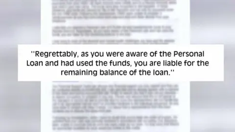 A screenshot graphic of the bank letter sent to Ms Jensen. A section of it has been highlighted which reads "Regrettably, as you were aware of the personal loan and had used the funds, you are liable for the remaining balance of the loan." The rest of the letter has been blurred out behind.