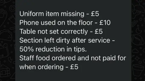 A screen grab of a whatsapp text that reads:
Uniform missing - £5
Phone used on the floor - £10
Table not set correctly - £5
Section left dirty after service - 50% reduction in tips
Staff food ordered and not paid for when ordering - £5