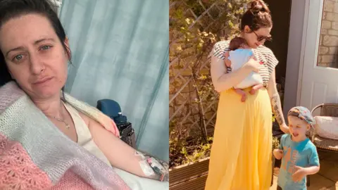 PA Real Life/PA A split image with Sophie on the left looking unwell in hospital with an IV in her arm and Sophie with her her children on the right wearing a long yellow flowy skirt