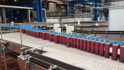 BBC A long line of raspberry Lucozade Sport bottles without labels make their way through a factory on a conveyor belt