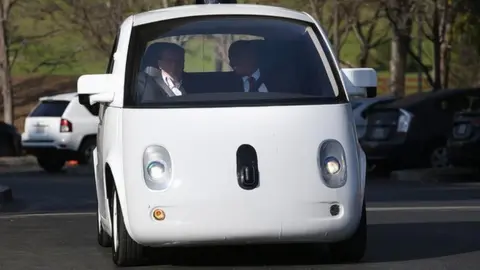Getty Images Transportation Secretary Anthony Foxx (R) and Google Chairman Eric Schmidt (L) ride in a Google self-driving car at the Google headquarters on February 2, 2015 in Mountain View, California.