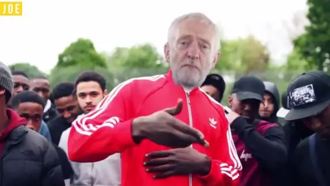 FACEBOOK/WWW.JOE.CO.UK Jeremy Corbyn's face superimposed onto rapper Stormzy
