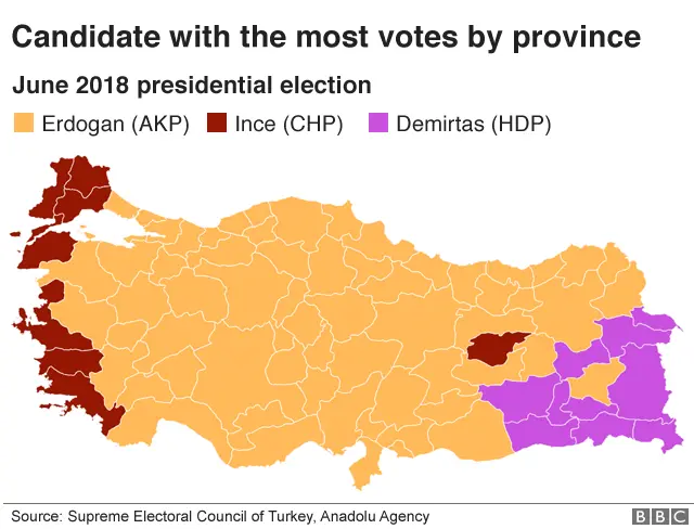 A map of Turkey showing where each candidate received the most presidential votes - all of Turkey is added in Mr Erdogan's colour except for the far east (for Demirtas) and far west (for Ince).