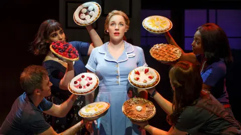 Joan Marcus Jessie Mueller (centre) in the original Broadway production of Waitress