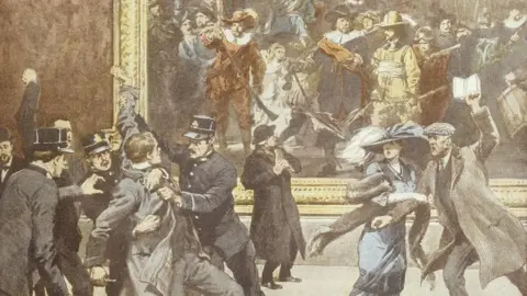 Getty Images An illustration shows commotion in the gallery as a man is dragged away from the Night Watch painting- both officers and public wear early 1900s clothes