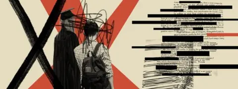 illustration of backs of students next to censored text