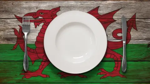 Getty Images White plate on a table painted with the Welsh flag