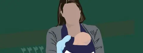 Jo Swinson in the House of Commons with her baby - illustration