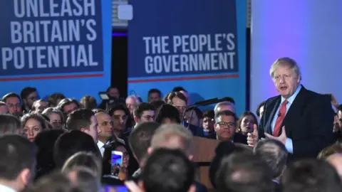 Getty Images Boris Johnson at podium delivering speech at QE2 centre in central London