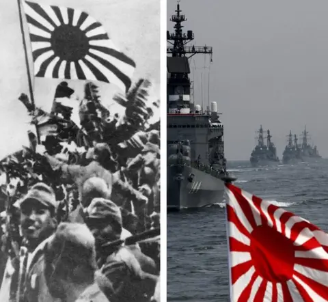 Getty Images Composite of Japanese WWII soldiers waving rising sun flag and rising sun flag over modern Japanese naval ship