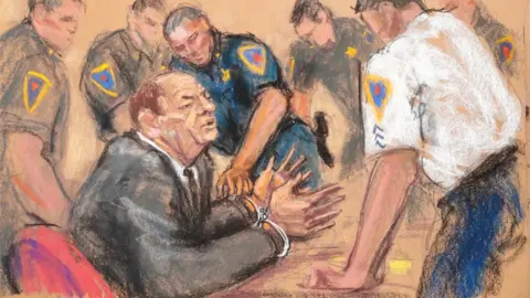 Reuters A court sketch shows Harvey Weinstein handcuffed after guilty verdict