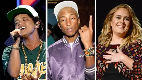 Getty Images Bruno Mars, Pharrell Williams and Adele