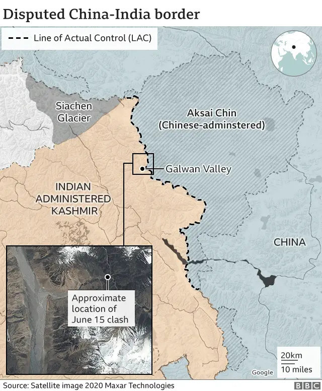 A map showing a region disputed between China and India