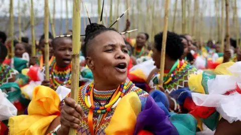 Sowetan/Getty Zama Msomi, 36, from KwaMashu leads her group of maidens during the annual Umkhosi Womhlanga (Reed Dance) at Enyokeni Royal Palace on September 07, 2019 in Nongoma, South Africa